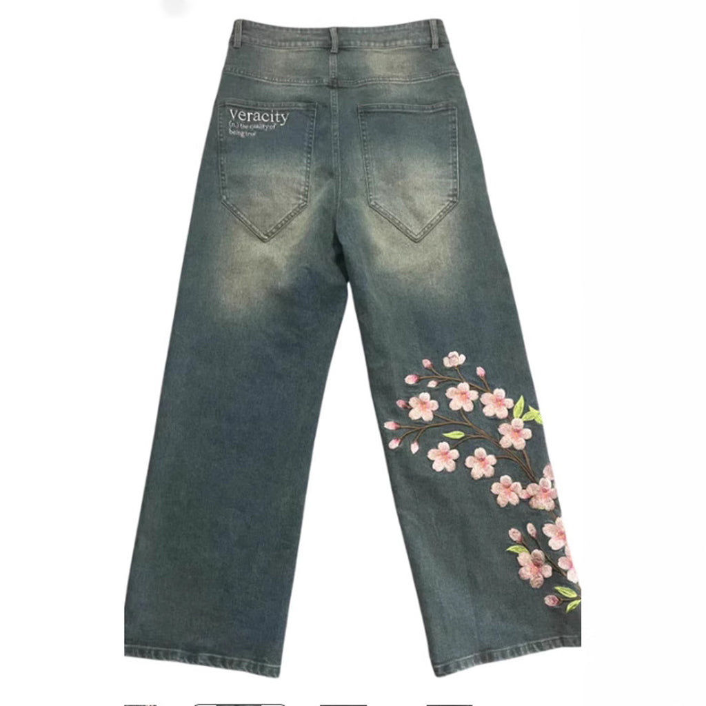 Men's Y2k Retro Floral Cherry Blossom Pattern  Baggy Jeans