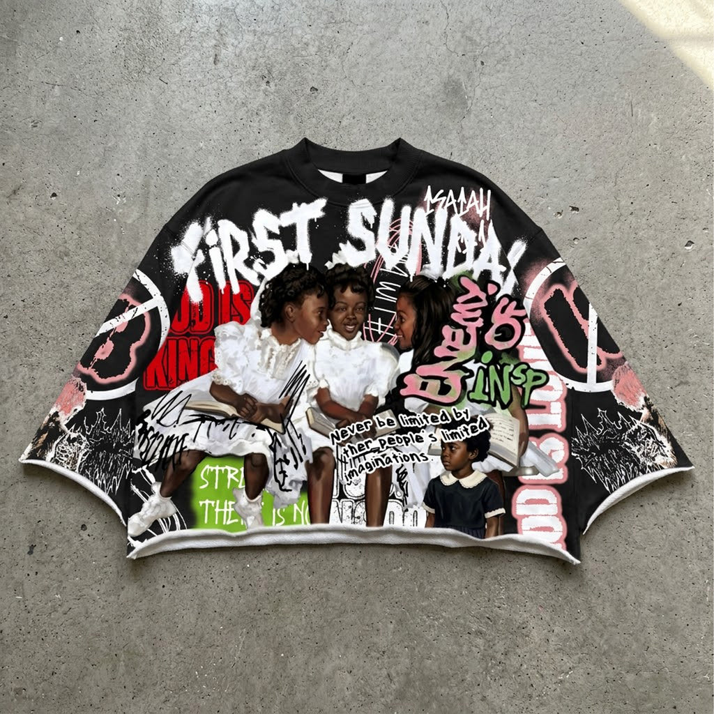 First Sunday Vintage Jesus Religious Print Boxy Crop T-shirt