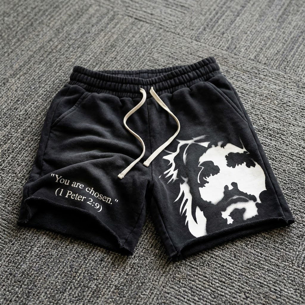You Are Chosen Jesus Graphic Janky Washed Shorts