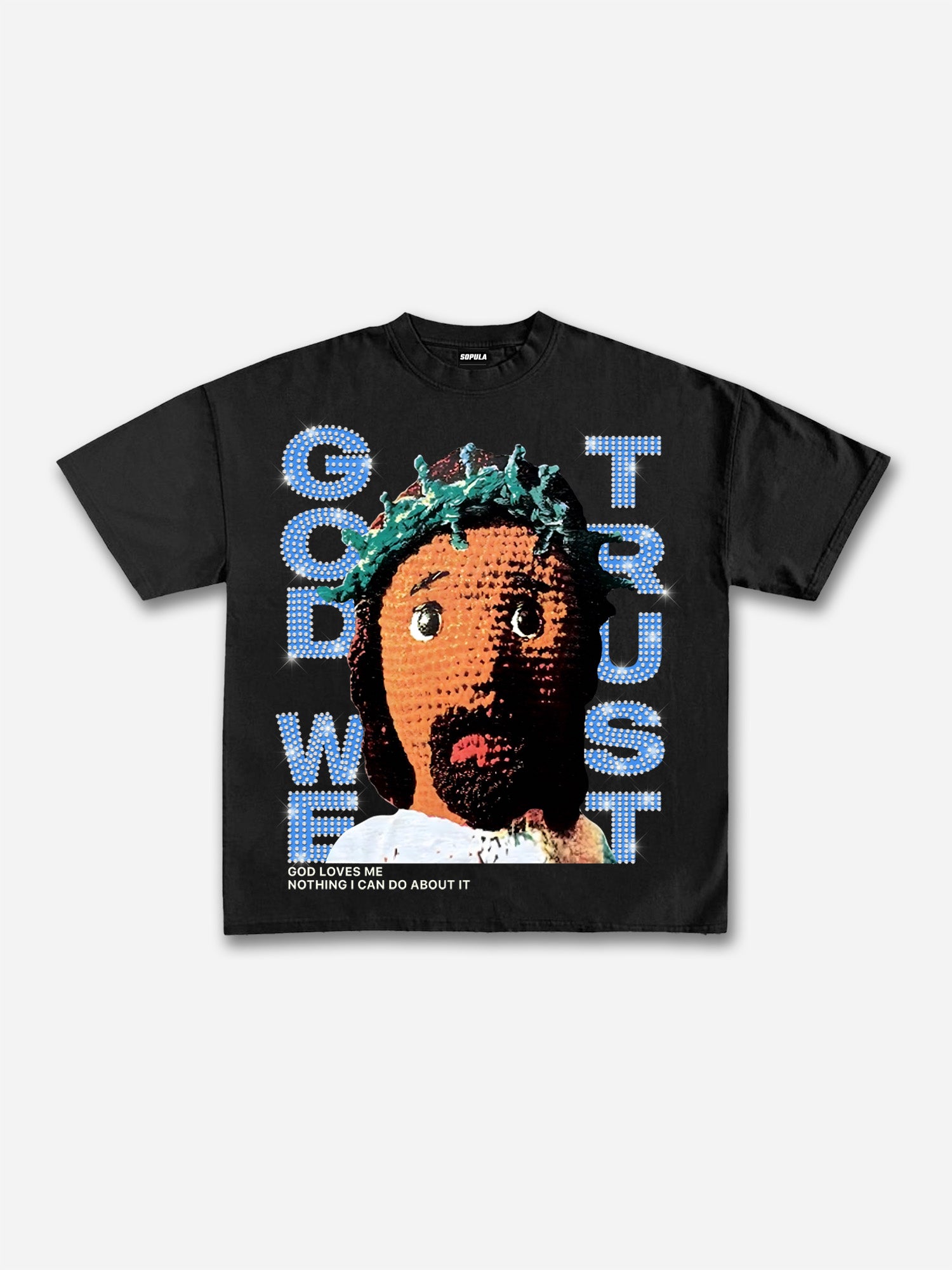 Diamond God We Trust Cartoon Jesus Portrait Graphic Cotton T-shirt