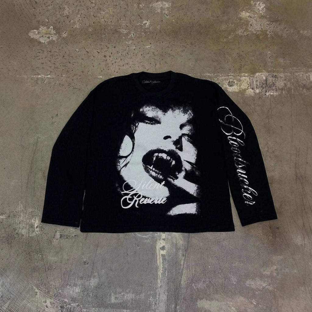Y2k Dark Style Vampire Thermal Pattern Waffle  Long-sleeve T-shirt