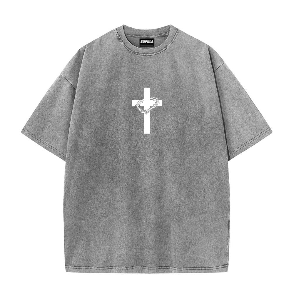 Jesus With Crown Of Thorns Graphic Acid Washed T-shirt