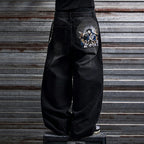 Men's Retro Madonna Embroidered Baggy Scimitar Washed Jeans