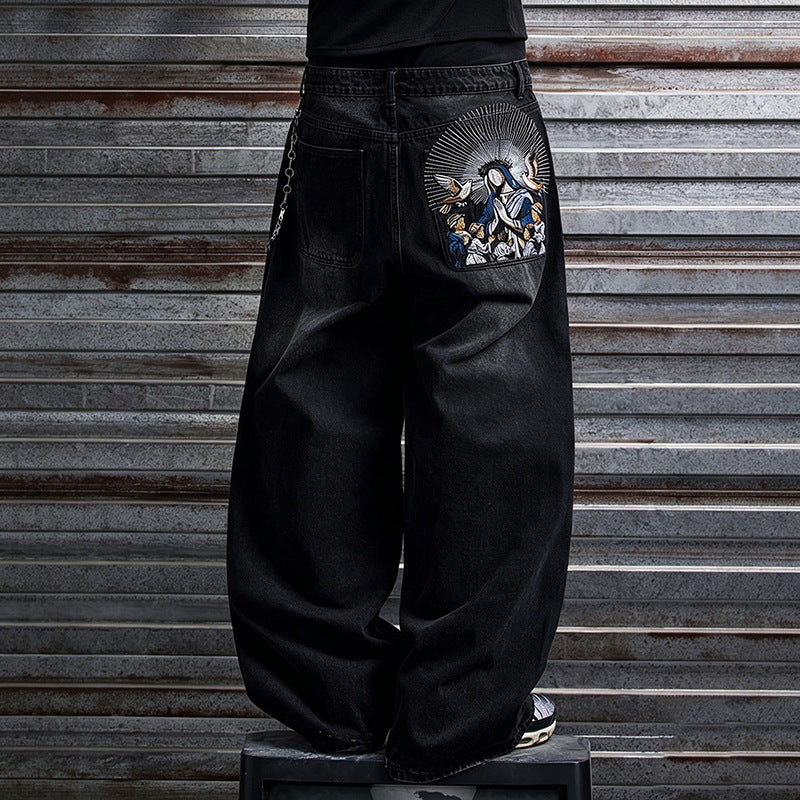 Men's Retro Madonna Embroidered Baggy Scimitar Washed Jeans