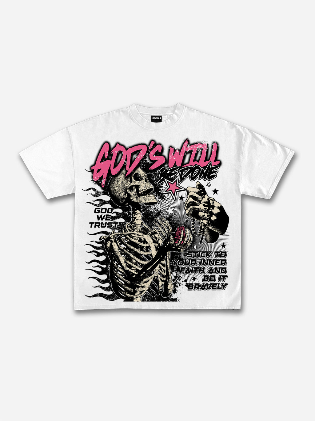 God's Will Be Done Flame Makes Old Beliefs Skull Graphic Cotton T-shirt