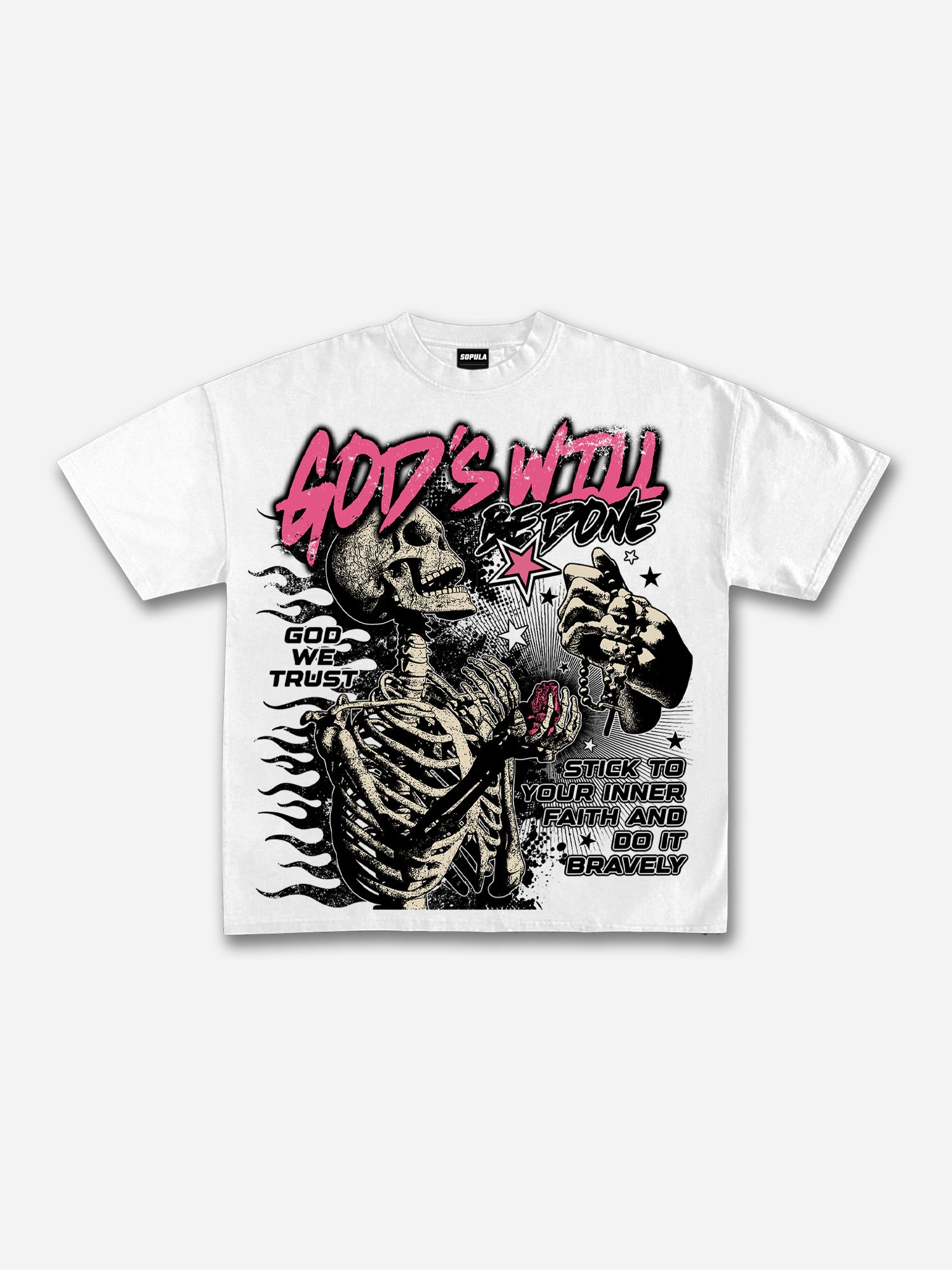 God's Will Be Done Flame Makes Old Beliefs Skull Graphic Cotton T-shirt
