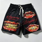 Men's Lip Pattern Drawstring Casual Sports Shorts