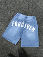 Forgiven Psalm 32：1 Print Graphic Denim Shorts
