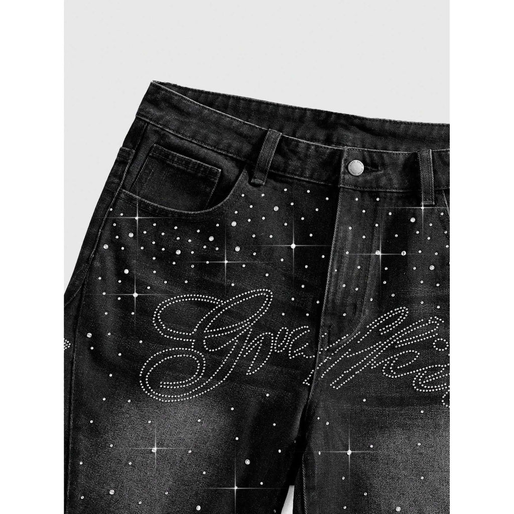 Vintage Y2k Trendy Star Letter Rhinestone Loose Denim Shorts