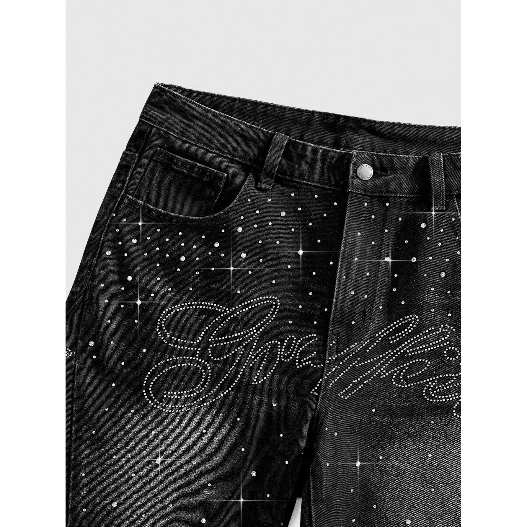 Vintage Y2k Trendy Star Letter Rhinestone Loose Denim Shorts