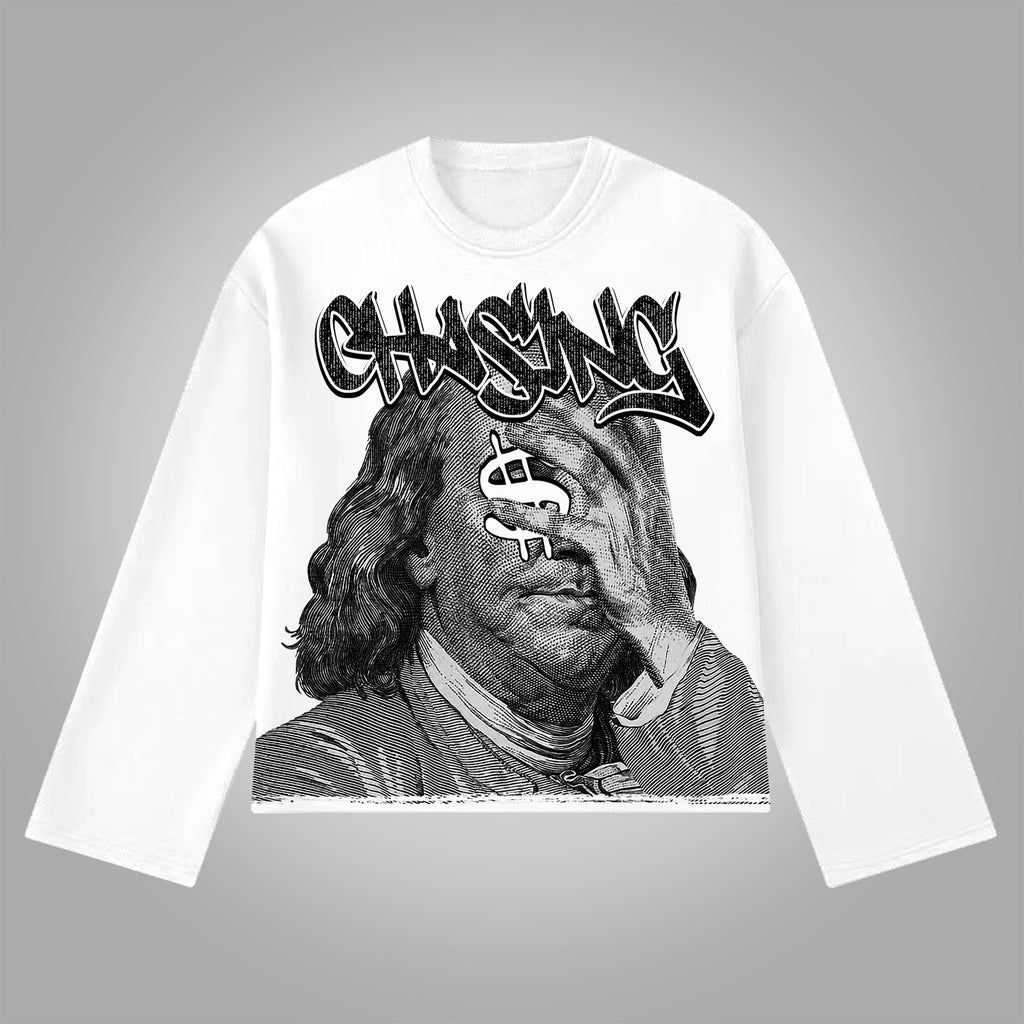 Vintage Chase Money Graphic Print Cotton Long Sleeve T-Shirt